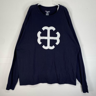 古着 チャンピオン Champion 長袖Tシャツ カレッジ 大きいサイズ クルーネック 2XL ネイビー プリント メンズ