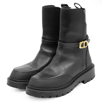 【美品】Christian Dior クリスチャンディオール ペコスブーツ EMPREINTE CD メタルロゴ ストラップ BEE チャンキーソール 厚底 アンクル丈 シューズ 靴 レディース サイズ 37 ブラック 黒 イタリア製