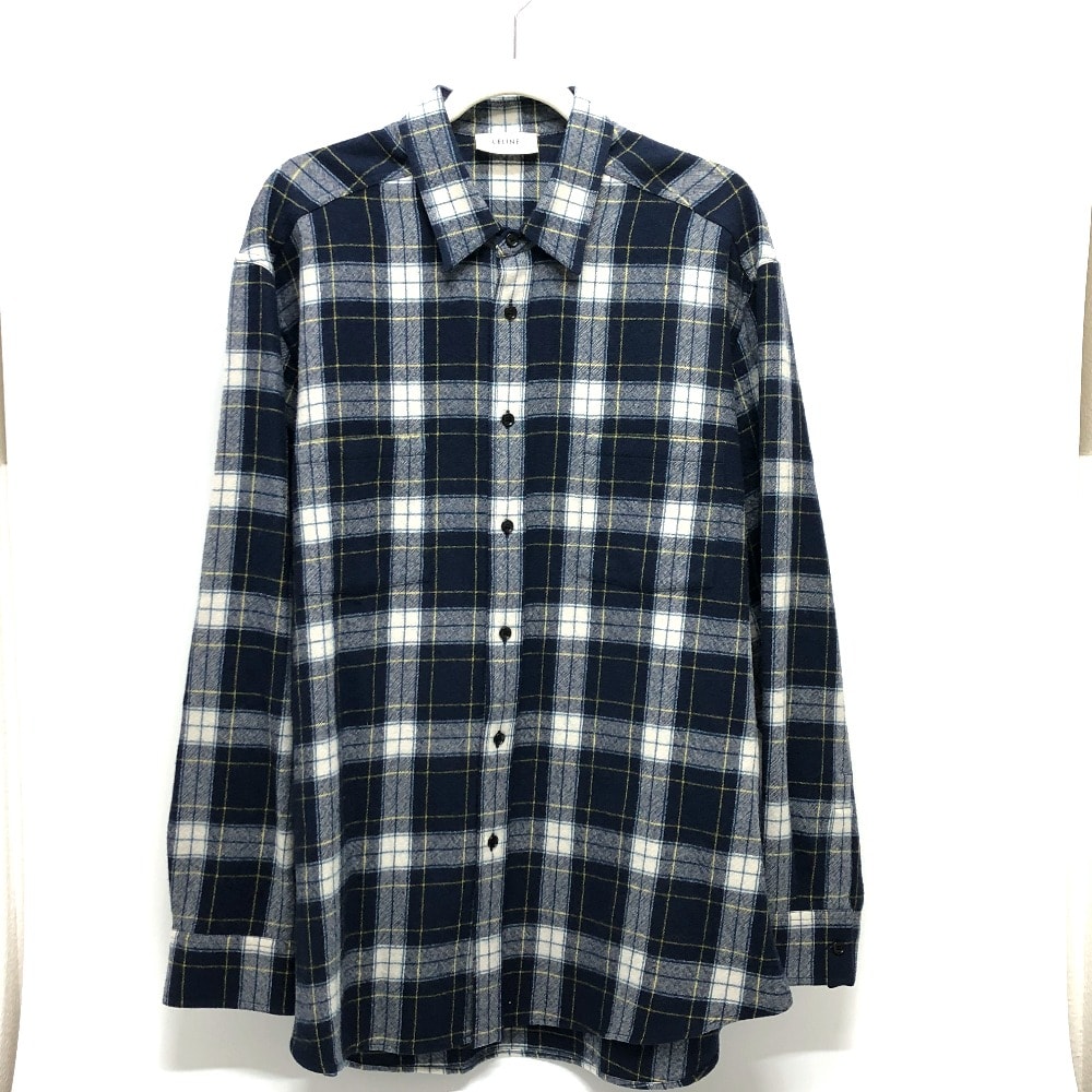 セリーヌ CELINE チェック 2C555198O Checked Wool Loose Shirt アパレル 長袖シャツ ウール ネイビー