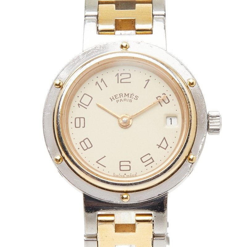 エルメス クリッパー 腕時計 CL3.240 クオーツ ベージュ文字盤 ステンレススチール レディース HERMES 【中古】