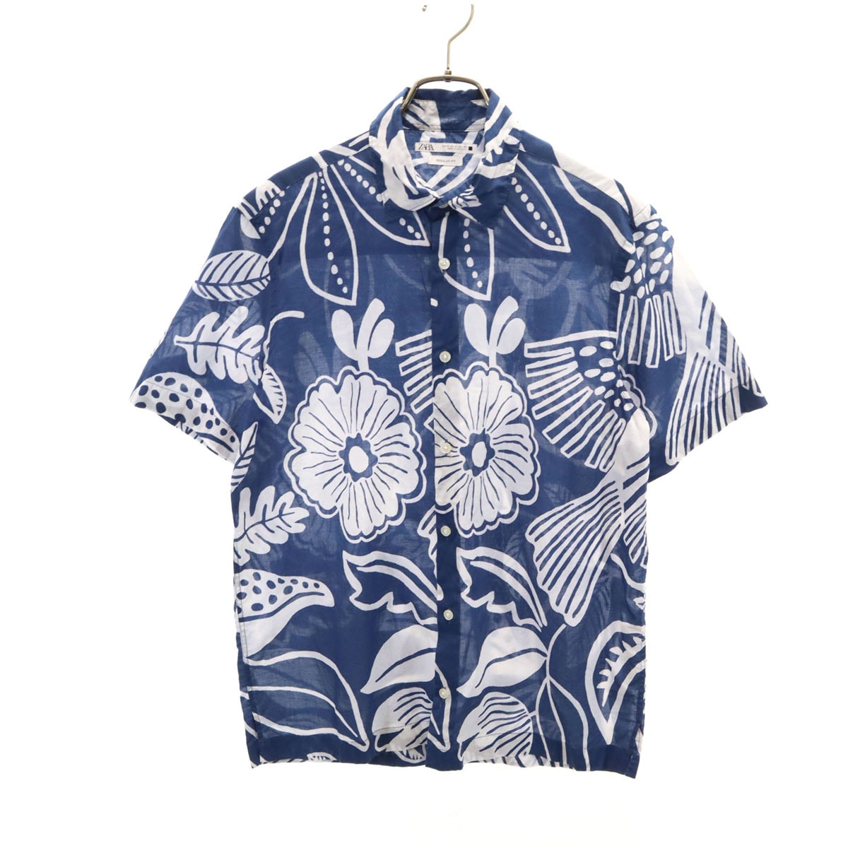 ZARA ザラ 総柄 半袖 アロハシャツ M ネイビー
