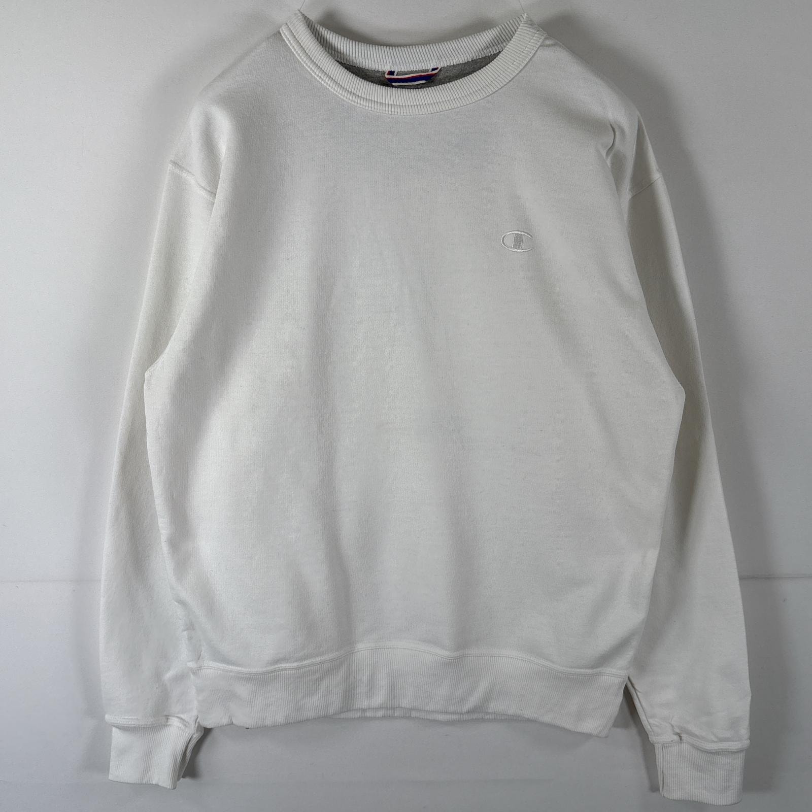 古着 チャンピオン Champion スウェット ワンポイントロゴ刺繍 プルオーバー トレーナー クルーネック ワッペン M  ホワイト 無地 メンズ