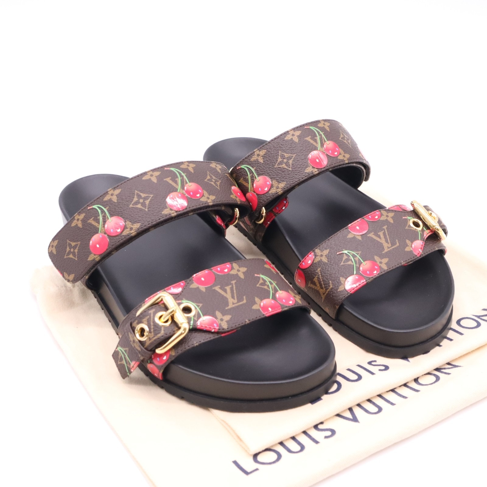 極美品 LOUIS VUITTON ルイ・ヴィトン チェリー モノグラム LV×TM ボンディア ライン ミュール 6 23 1AHLZY サンダル ブラウン ブラック ピンク コーティングキャンバス ラバー レディース