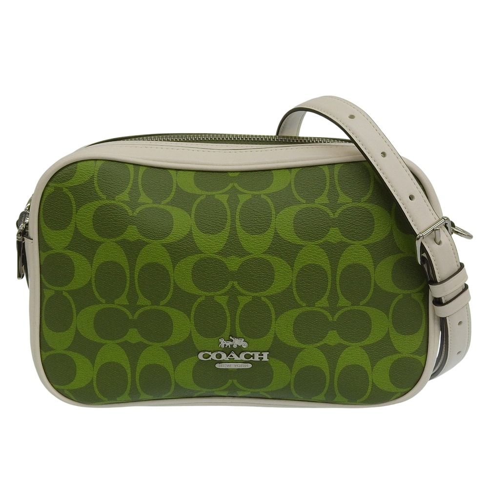 コーチ 美品 レザー PVC シグネチャー ショルダーバッグ レディース グリーン×オフホワイト 68168