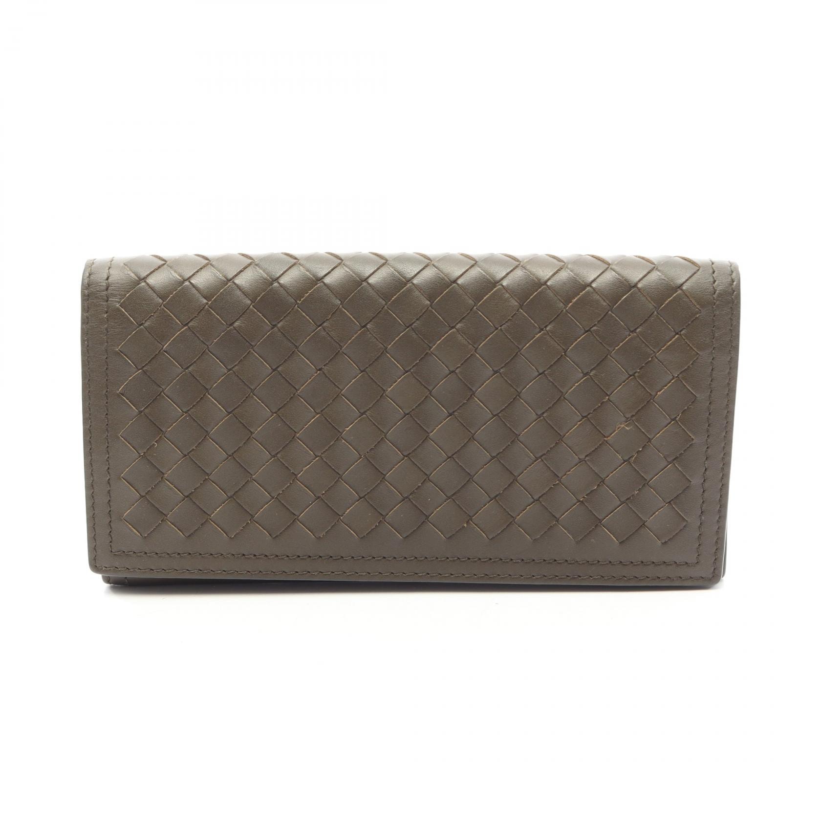 ボッテガヴェネタ BOTTEGA VENETA イントレチャート 二つ折り長財布 財布 レザー メンズ レディース カーキ系 【中古】