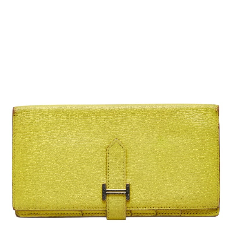 エルメス ベアンスフレ 二つ折り 長財布 ロングウォレット ライム イエロー系 シェーブル レディース HERMES 【中古】
