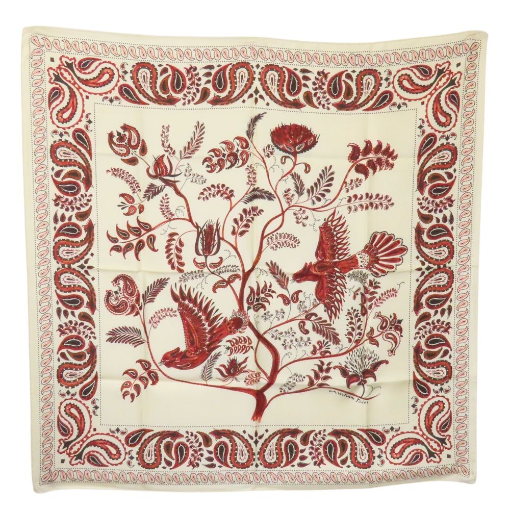 【中古】 クリスチャンディオール スカーフ シルク ホワイト系 レッド ペイズリー 鳥 大判 レディース 女性 Christian Dior