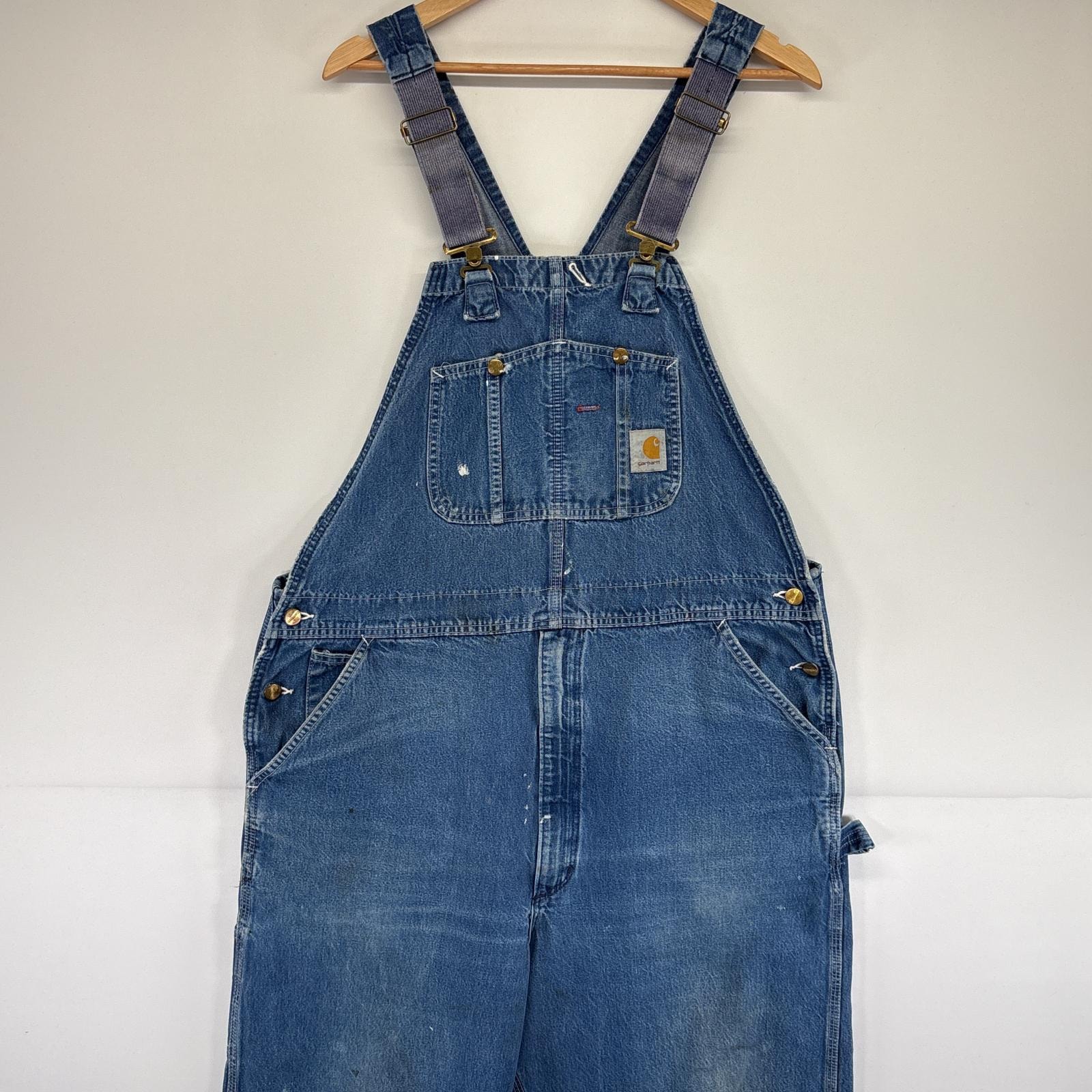 古着 カーハート Carhartt オーバーオール デニム ワーク ワンポイントロゴ ペイント 胸ポケット  ブルー メンズ