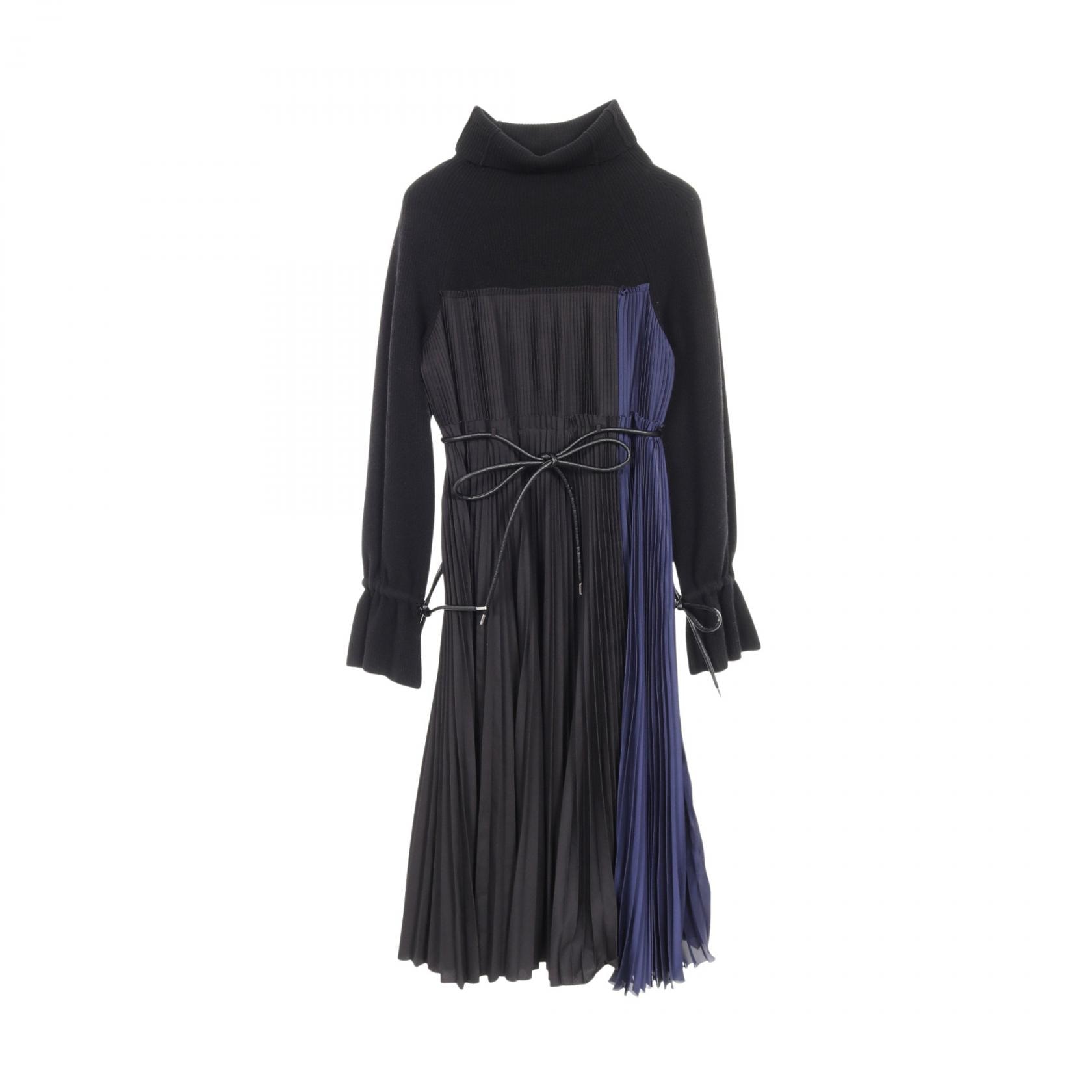 サカイ Sacai プリーツ ワンピース 衣料品 トップス ウール ナイロン レディース ブラック系 / ブルー系 【中古】
