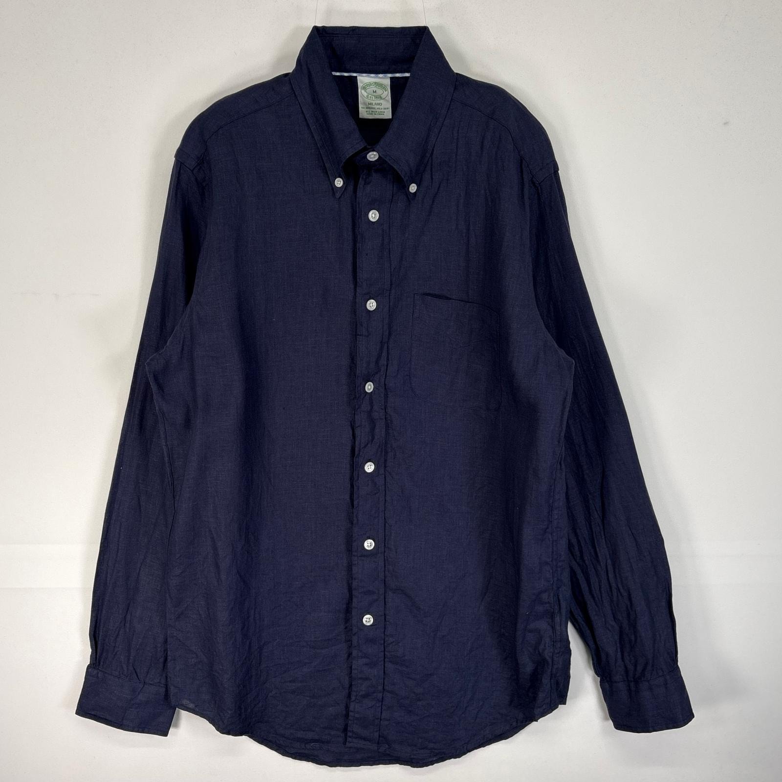 古着 ブルックスブラザーズ Brooks Brothers 長袖シャツ IRISH LINEN 胸ポケ MILANO M  ネイビー系 無地 メンズ
