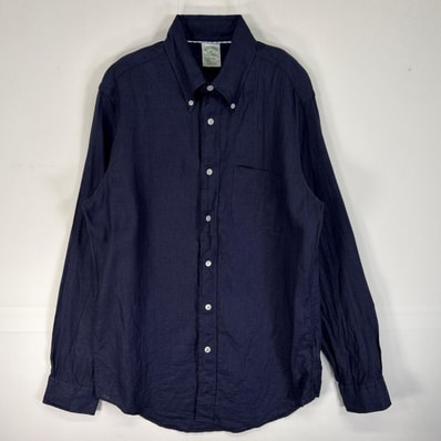 古着 ブルックスブラザーズ Brooks Brothers 長袖シャツ IRISH LINEN 胸ポケ MILANO M ネイビー系 無地 メンズ