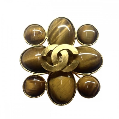 CHANEL シャネル ブローチ ココマーク ココ アクセサリー タイガーアイ ヴィンテージ GP 95A ブラウン 茶 ゴールド金具 レディース 約38.3g 1995年【中古品】