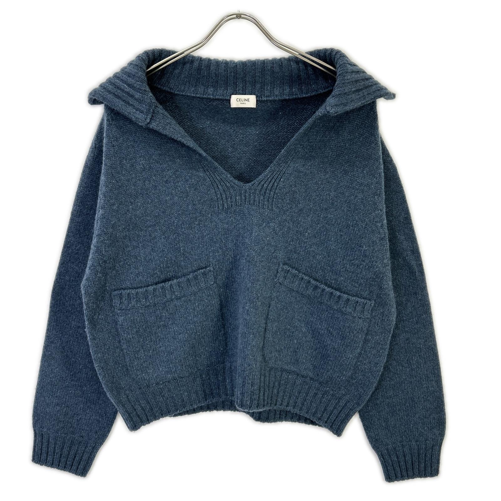 セリーヌ 2A52B384D ブルー カシミヤ100 エディ期 OPEN-COLLAR SWEATER オープンカラープルオーバーニット XS