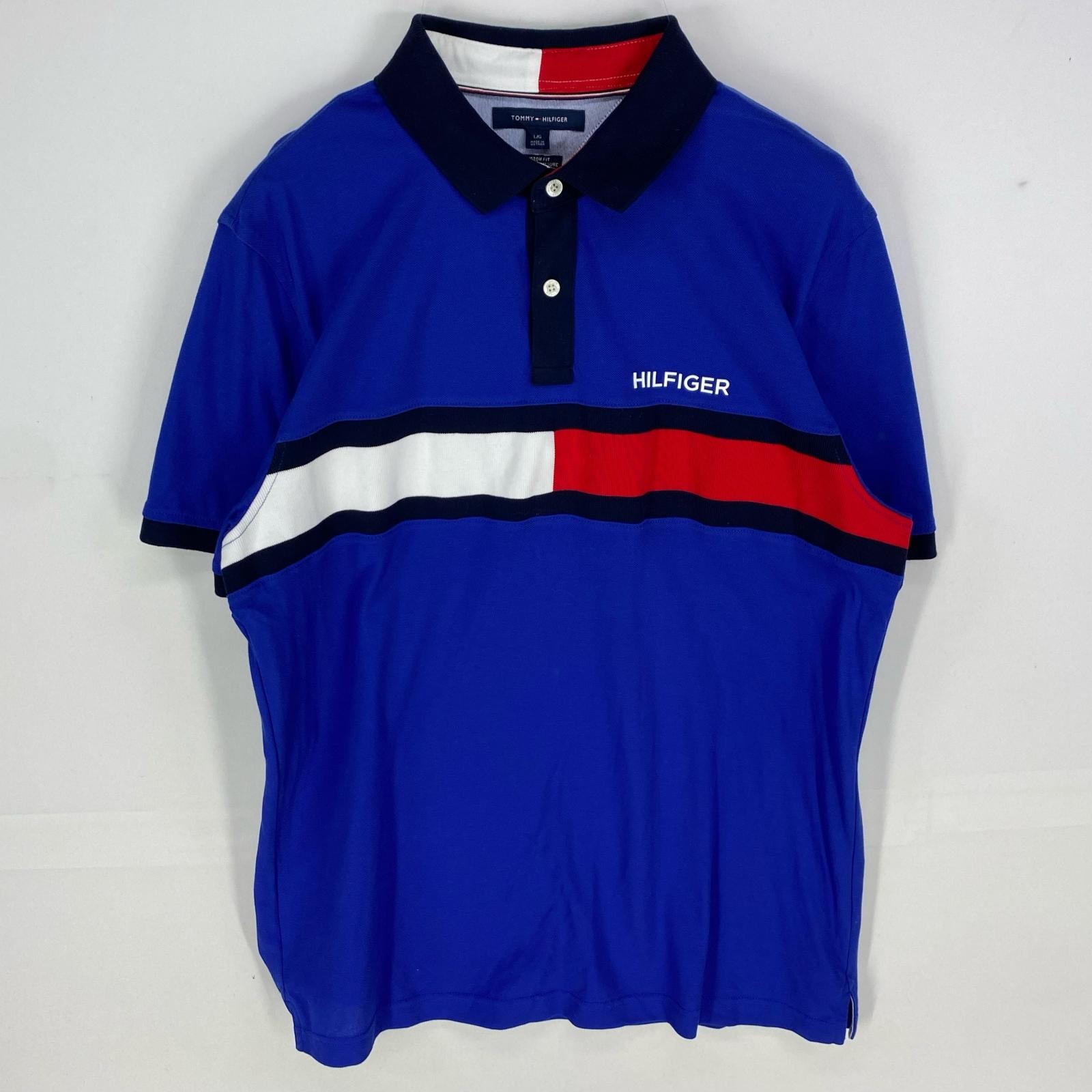 古着 トミーヒルフィガー TOMMY HILFIGER 鹿の子 半袖シャツ ビッグロゴ ショートスリーブ ポロシャツ L ブルー系 メンズ