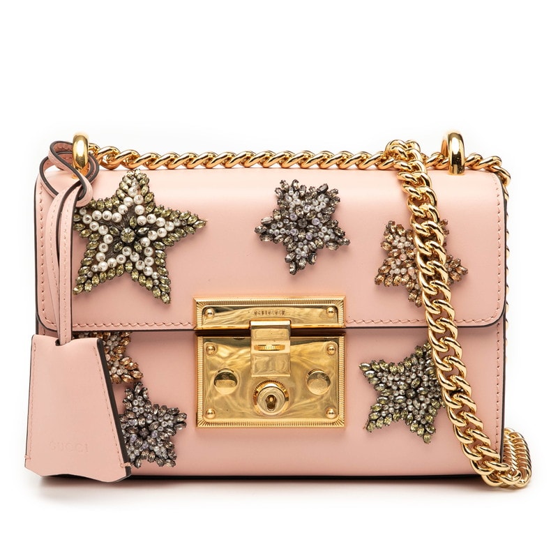グッチ パドロック スター 星 ビジュー チェーン ショルダーバッグ 432182 ピンク レザー レディース GUCCI 中古
