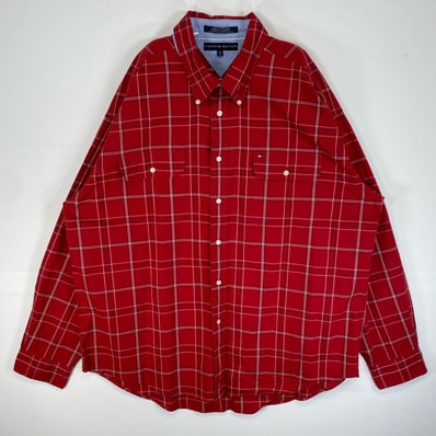 古着 トミーヒルフィガー TOMMY HILFIGER 長袖シャツ ロゴ 刺繍 チェック 大きいサイズ 14041 レッド系 マルチカラー メンズ