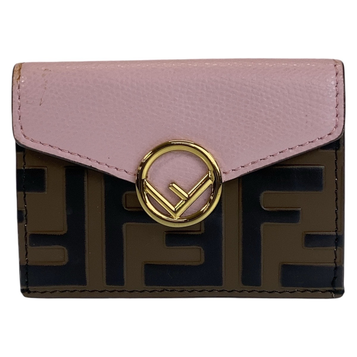 FENDI フェンディ ズッカ エフイズフェンディ ピンク ブラウン ゴールド金具 レザー 折財布 コンパクトウォレット 603659 【中古】