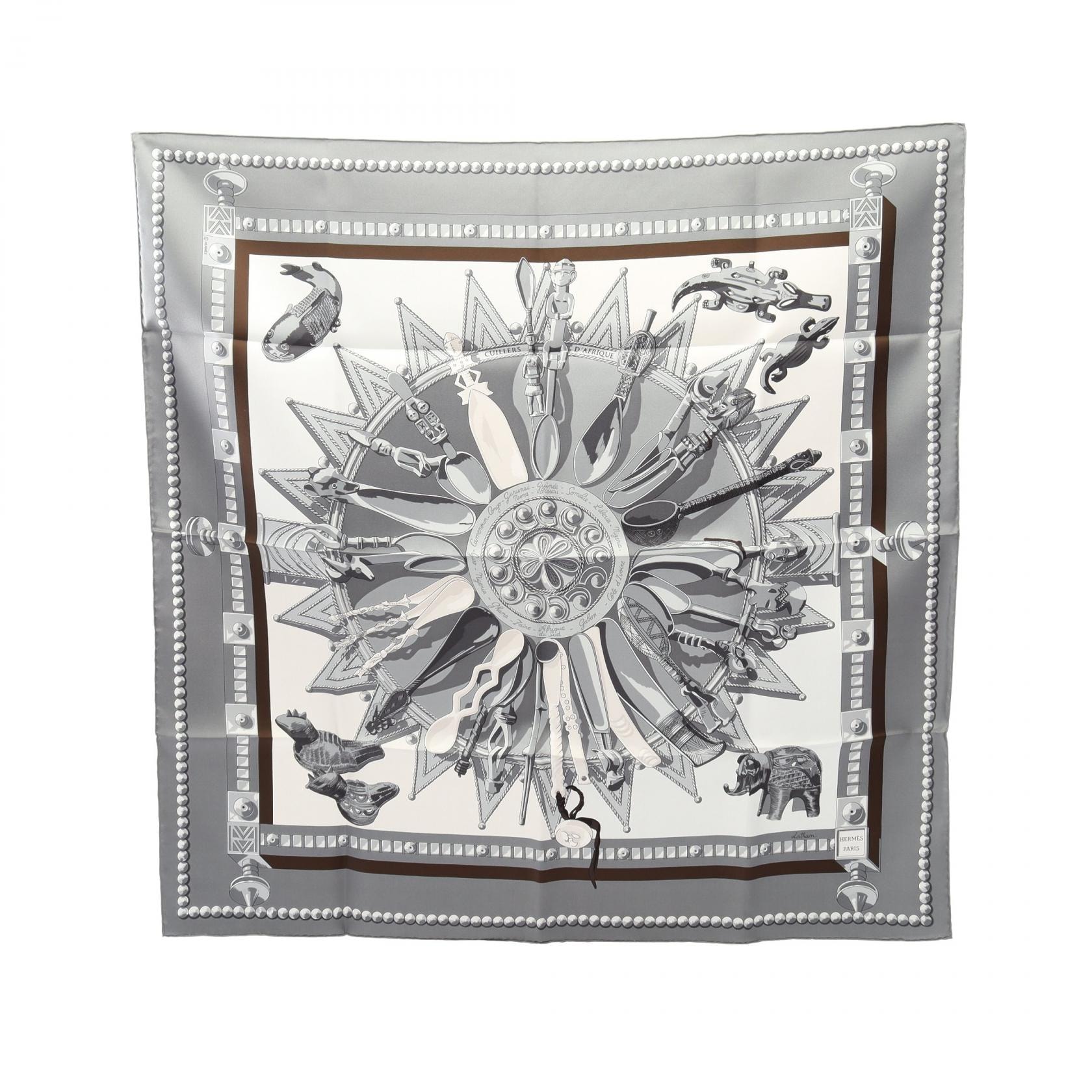 エルメス HERMES カレ90 CUILLERS D'AFRIQUE スカーフ 衣料品 シルク シルク ホワイト レディース グレー系 / ホワイト系 / ブラウン系 【中古】