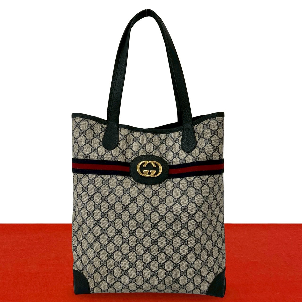 GUCCI グッチ シェリーライン GG ロゴ 金具 PVC レザー トートバッグ ネイビー
84472