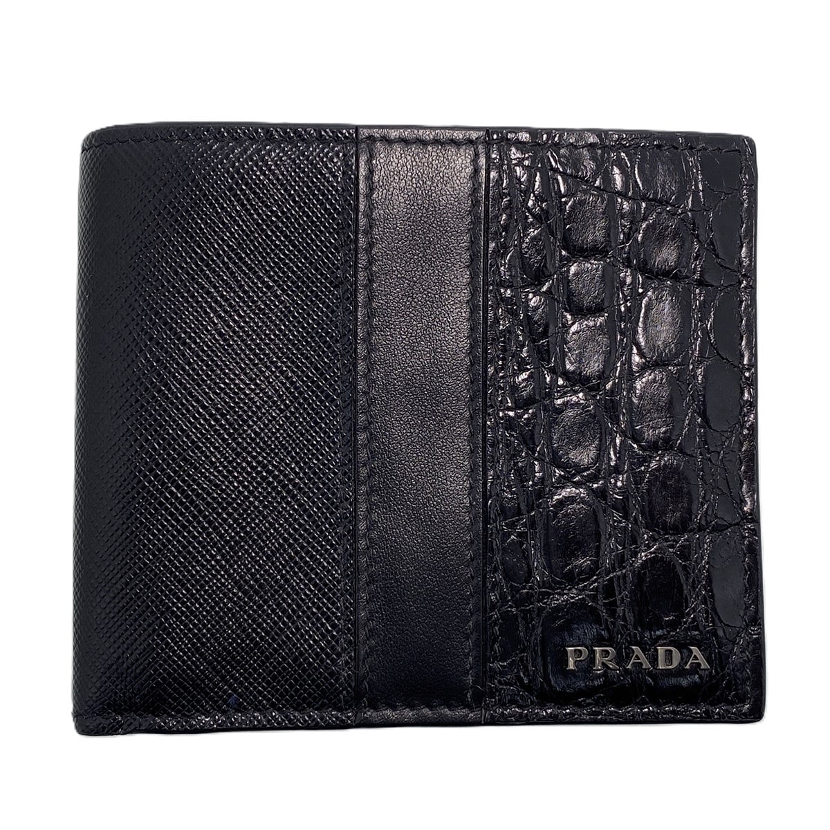 【値下げ】PRADA プラダ サフィアーノ クロコダイル 二つ折り財布 2M0738 クロコダイル 牛革 ブラック メンズ【中古】