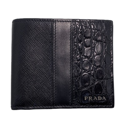 【値下げ】PRADA プラダ サフィアーノ クロコダイル 二つ折り財布 2M0738 クロコダイル 牛革 ブラック メンズ【中古】