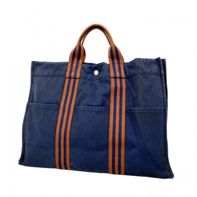 【6dd4658-k】エルメス トートバッグ フールトゥMM キャンバス ネイビー ブラウン シルバー金具【中古】メンズ レディース ユニセックス