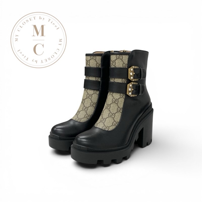グッチ GUCCI ブーツ ショートブーツ 靴 シューズ レザー ブラック ブラウン GGスプリーム ベルト ロゴ アンクルブーツ