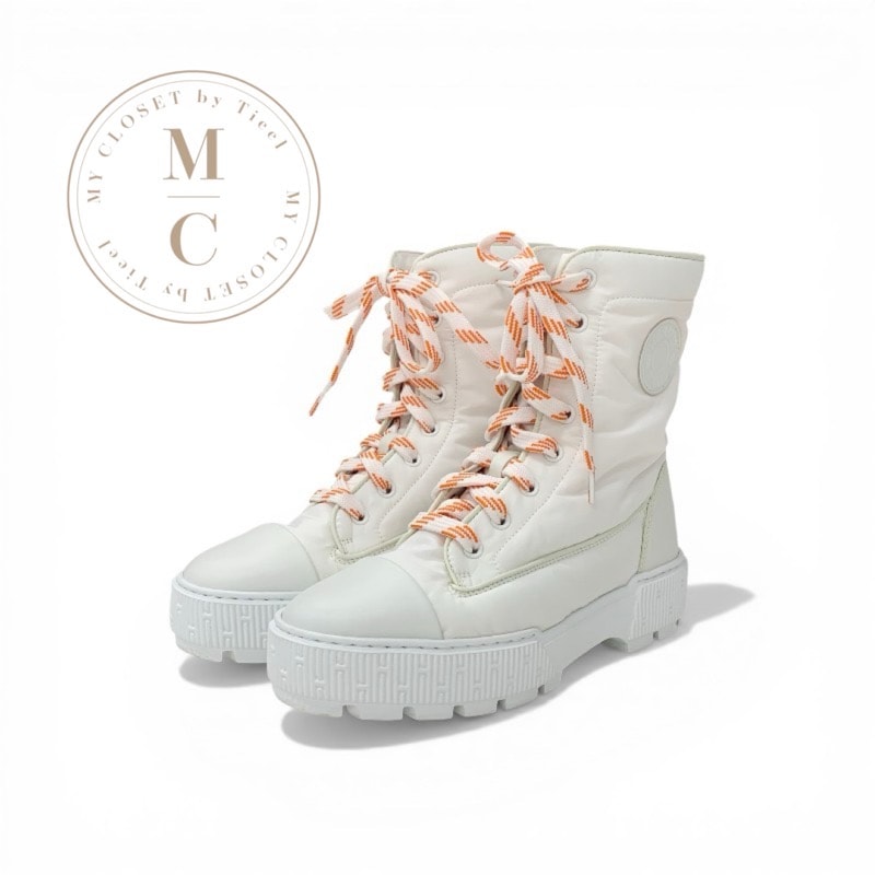 エルメス HERMES フレッシュ ブーツ ショートブーツ 靴 シューズ ナイロン レザー ホワイト オレンジ レースアップ
