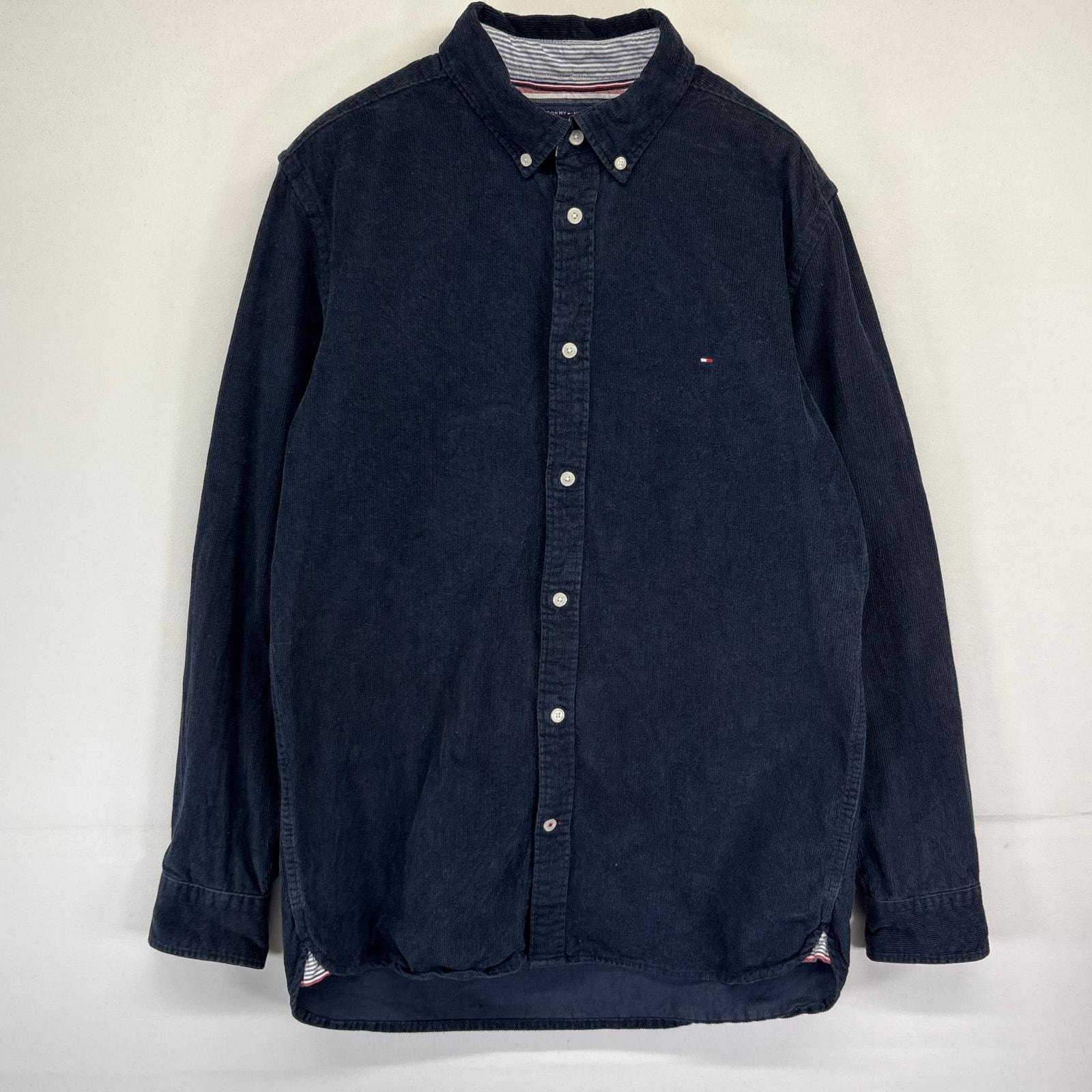 古着 トミーヒルフィガー TOMMY HILFIGER 長袖シャツ コーデュロイ ワンポイントロゴ 厚手 ボタンダウン L  ネイビー系 メンズ