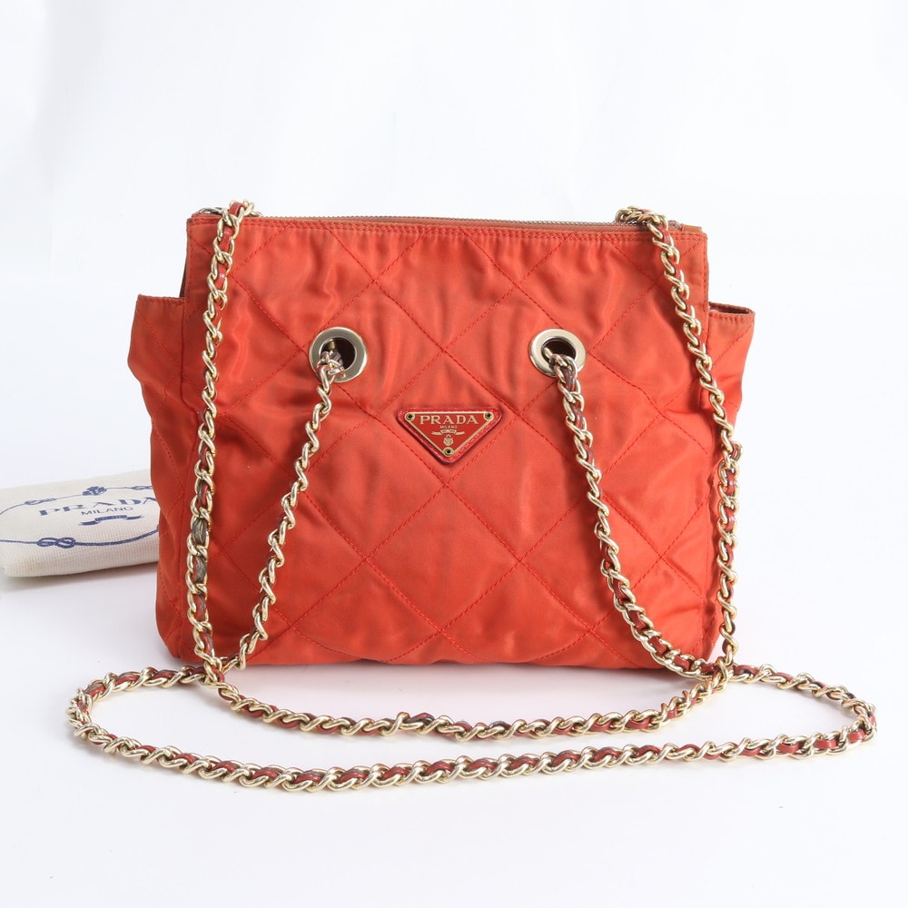 ■美品 プラダ テスート ナイロンキルティング オレンジ チェーン