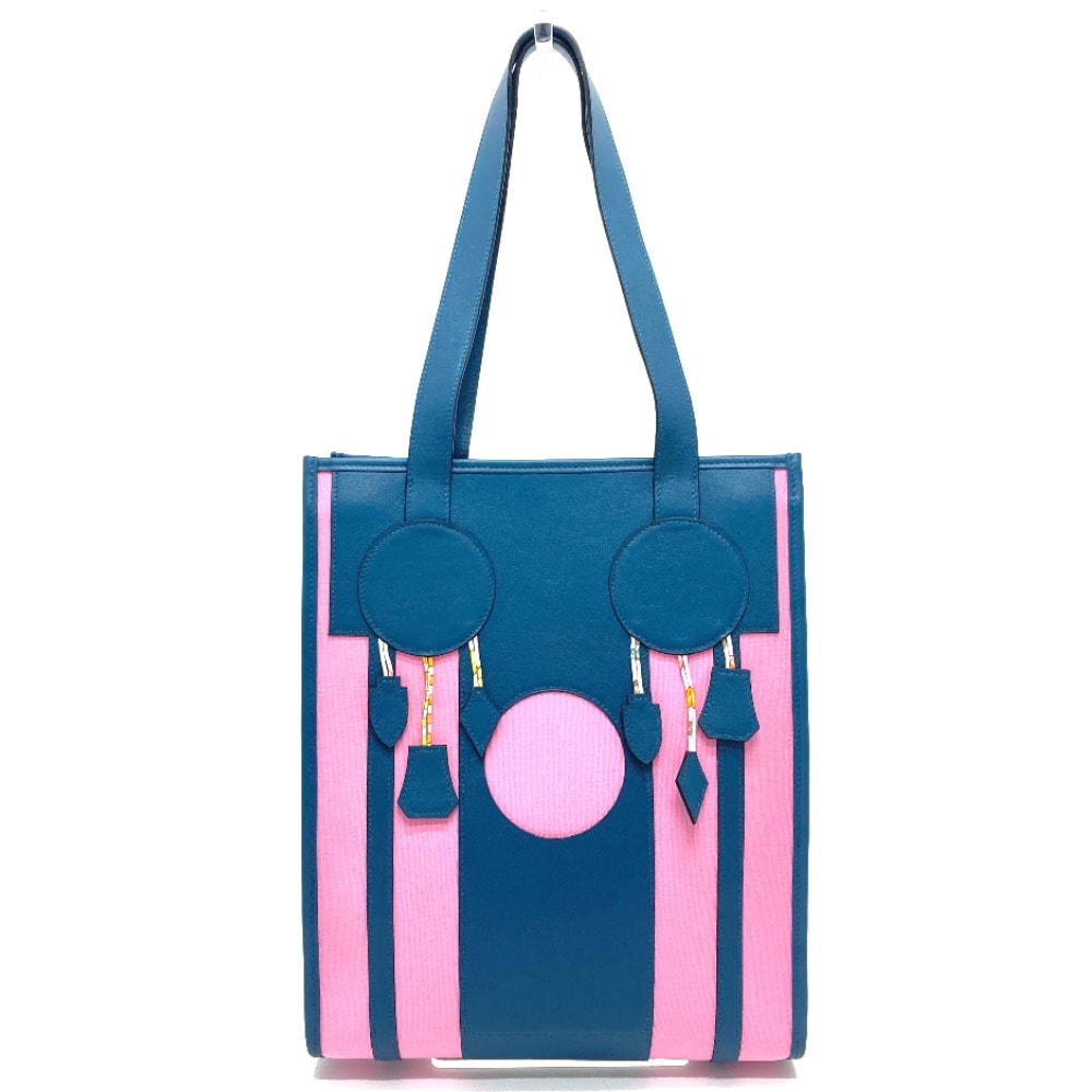 エルメス HERMES ドリームキャッチャー プティアッシュ カバン 肩掛け トートバッグ レザー/キャンバス ネイビー×ピンク 美品