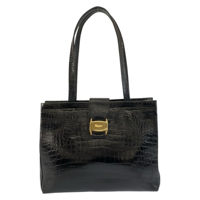 美品 Salvatore Ferragamo サルヴァトーレフェラガモ ヴァラ 型押し ブラック 黒 ゴールド金具 レザー トートバッグ ショルダーバッグ 603991 【中古】