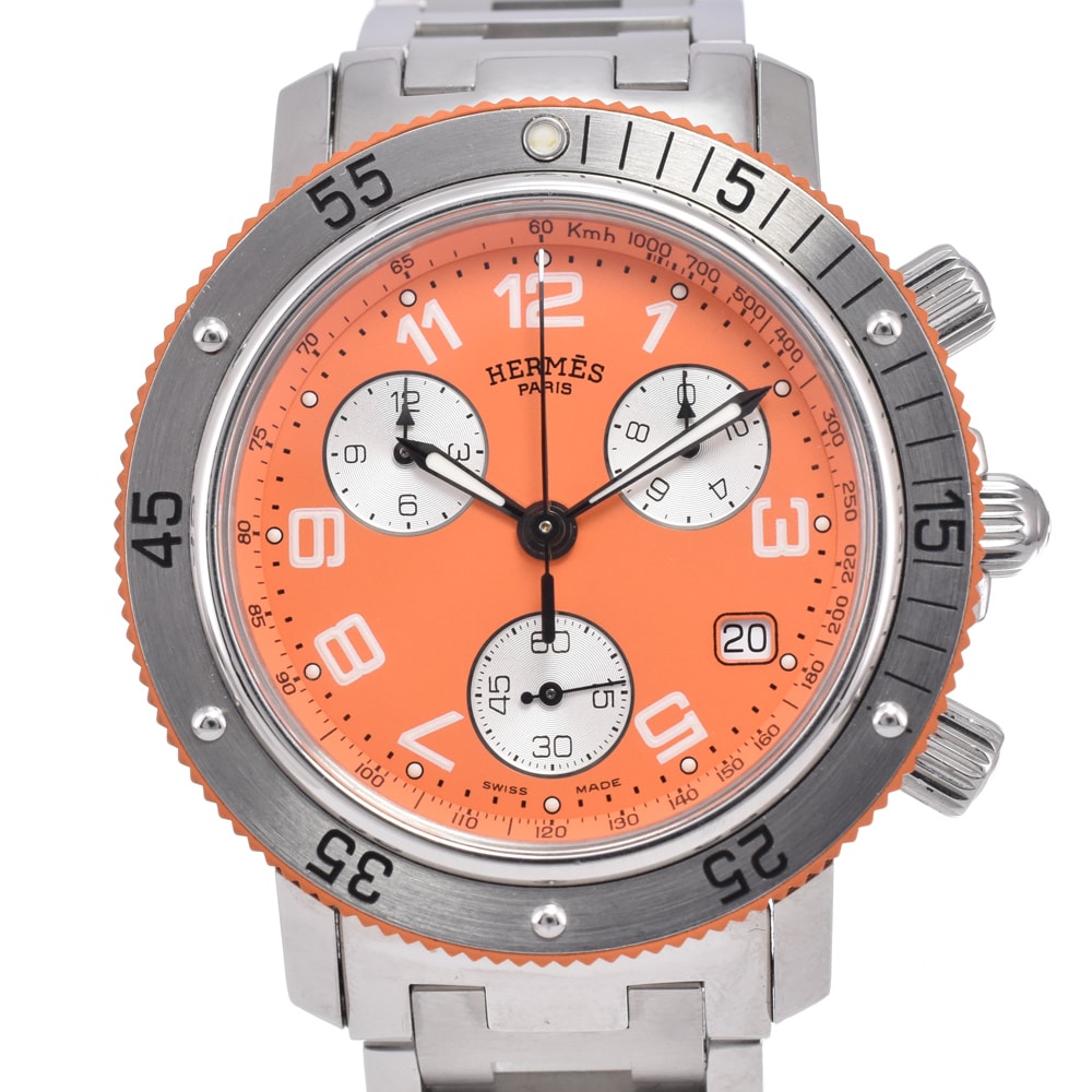エルメス HERMES CL2.916 クリッパー ダイバーズ クロノグラフ オレンジ クォーツ メンズ 美品 腕時計 D#149779