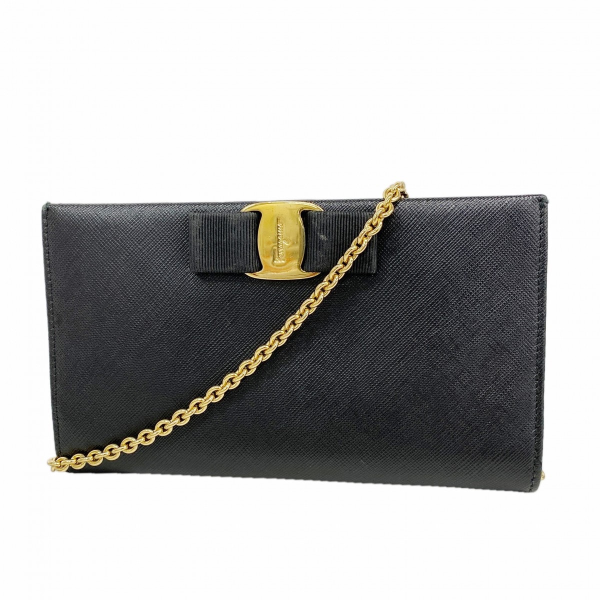 ★SALE【6gc2862】サルヴァトーレフェラガモ ショルダーウォレット ヴァラ レザー ブラック ゴールド金具【中古】レディース