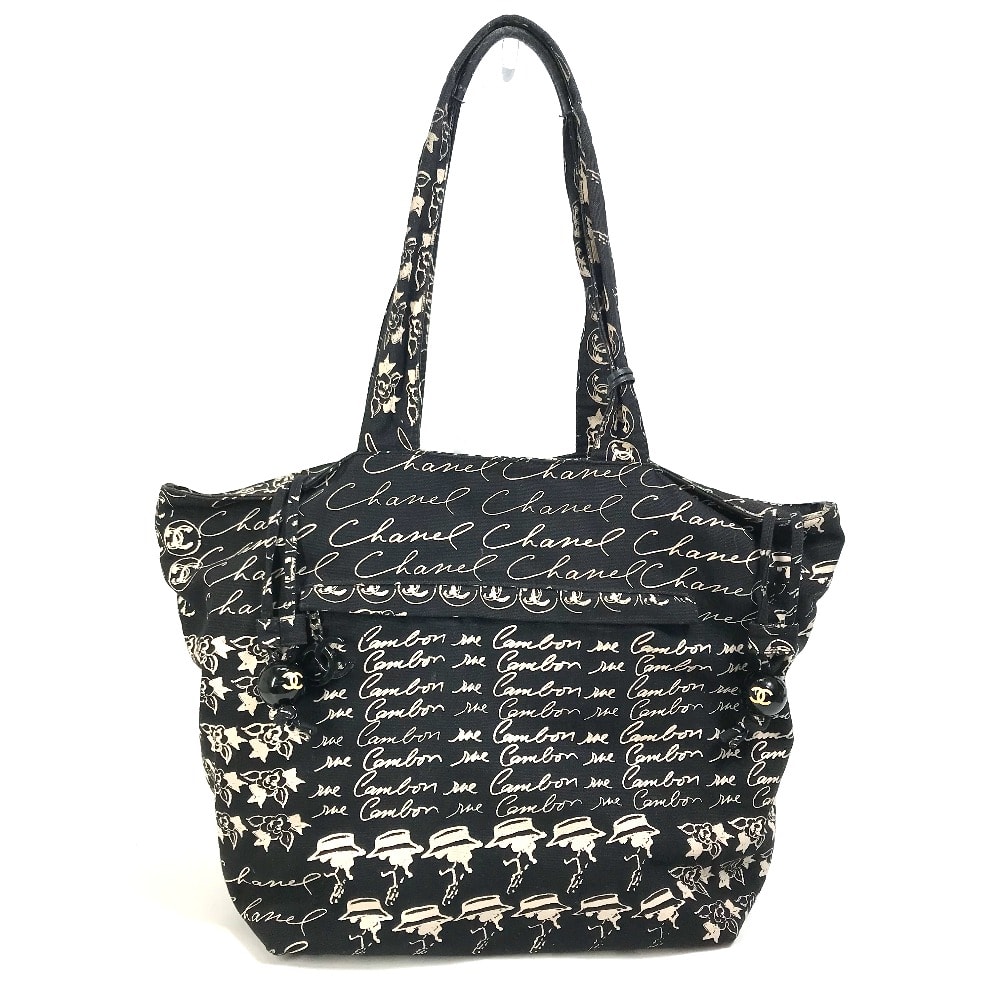 シャネル CHANEL カメリア ロゴ バケツ ミラーチャーム付き 巾着 ショルダーバッグ カバン 肩掛け トートバッグ キャンバス ブラック