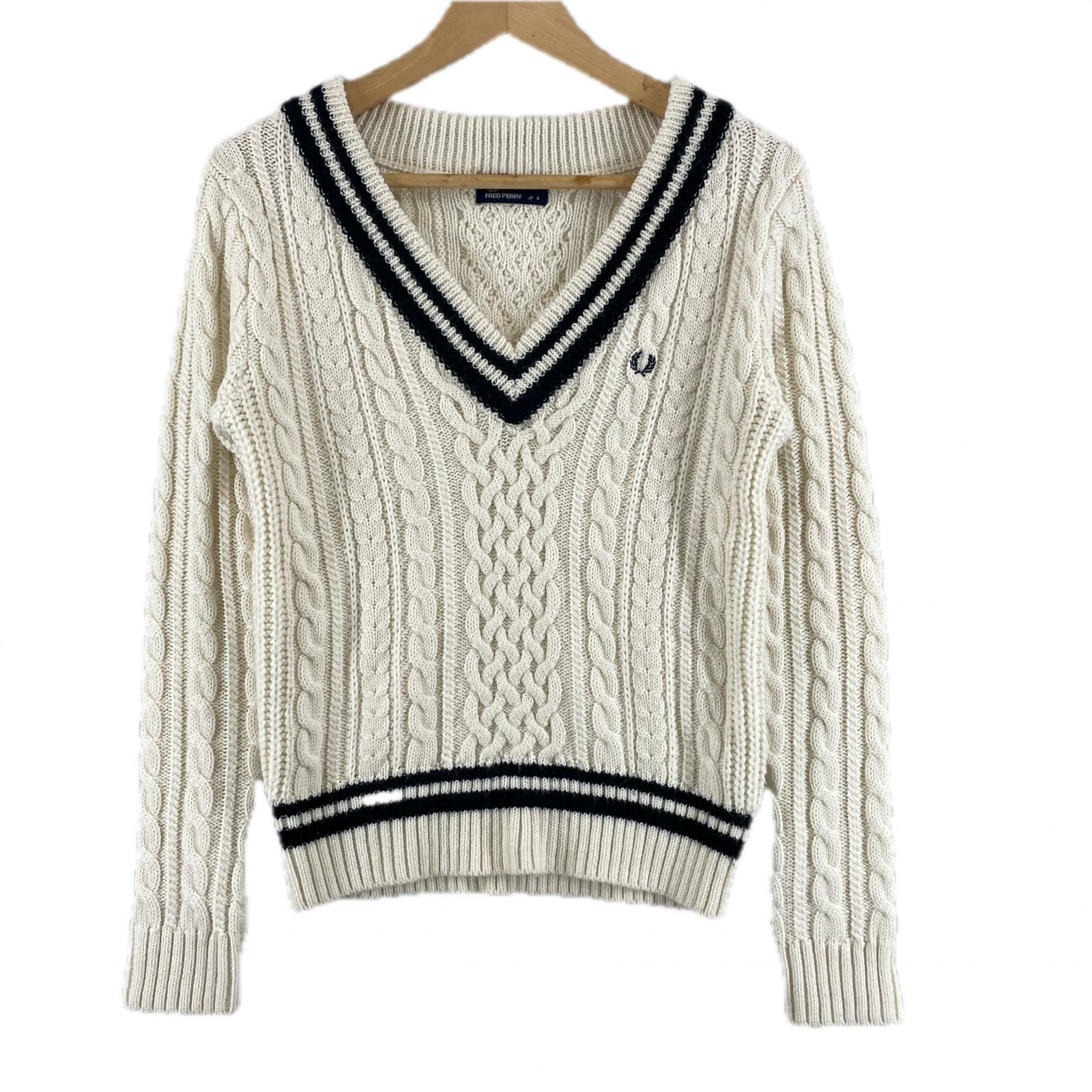 美品 FRED PERRY フレッドペリー チルデンニット 無地 秋冬 AW 長袖ニット ウール/アクリル ホワイト レディース 8【古着】【中古】