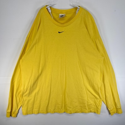 古着 90's/90年代 ナイキ NIKE 長袖Tシャツ センター スウッシュ ロゴ 刺繍 大きいサイズ クルーネック 白タグ XL イエロー 無地 メンズ