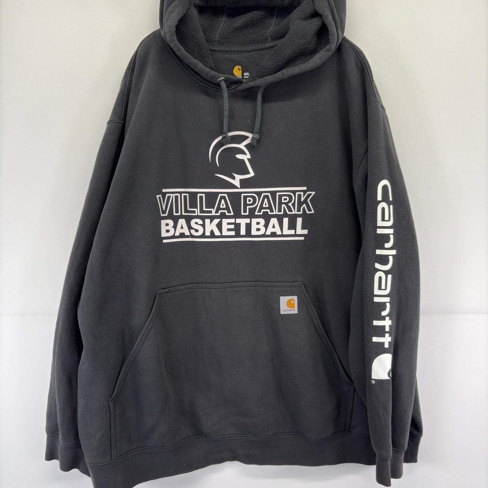 古着 カーハート Carhartt パーカー スウェット 大きいサイズ ワンポイント 袖ロゴ プリント 3XL  ブラック メンズ