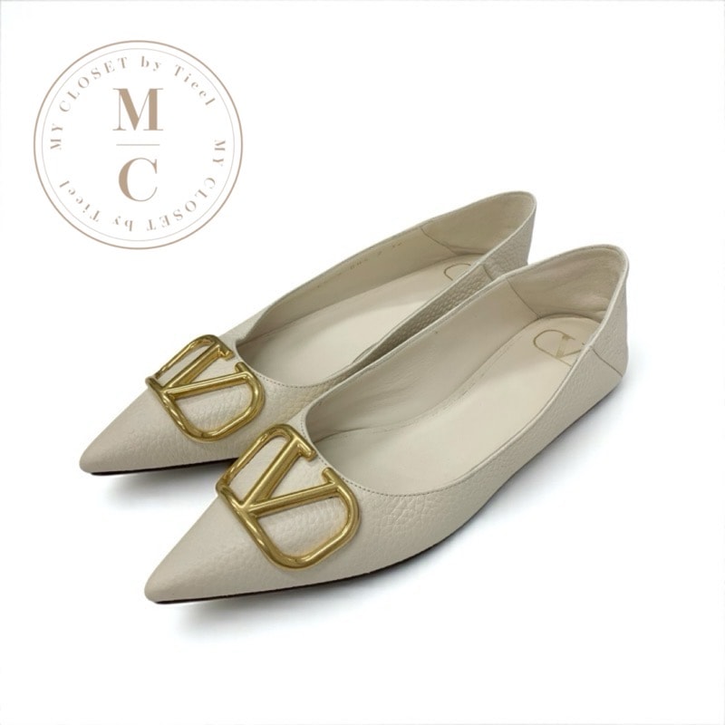 ヴァレンティノ VALENTINO パンプス 靴 シューズ レザー アイボリー ゴールド フラットパンプス フラットシューズ