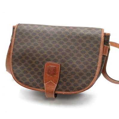 CELINE(セリーヌ) ヴィンテージ マカダム ショルダーバッグ PVCコーティングキャンバス ブラウン レザー ゴールド金具 レディース 【中古】