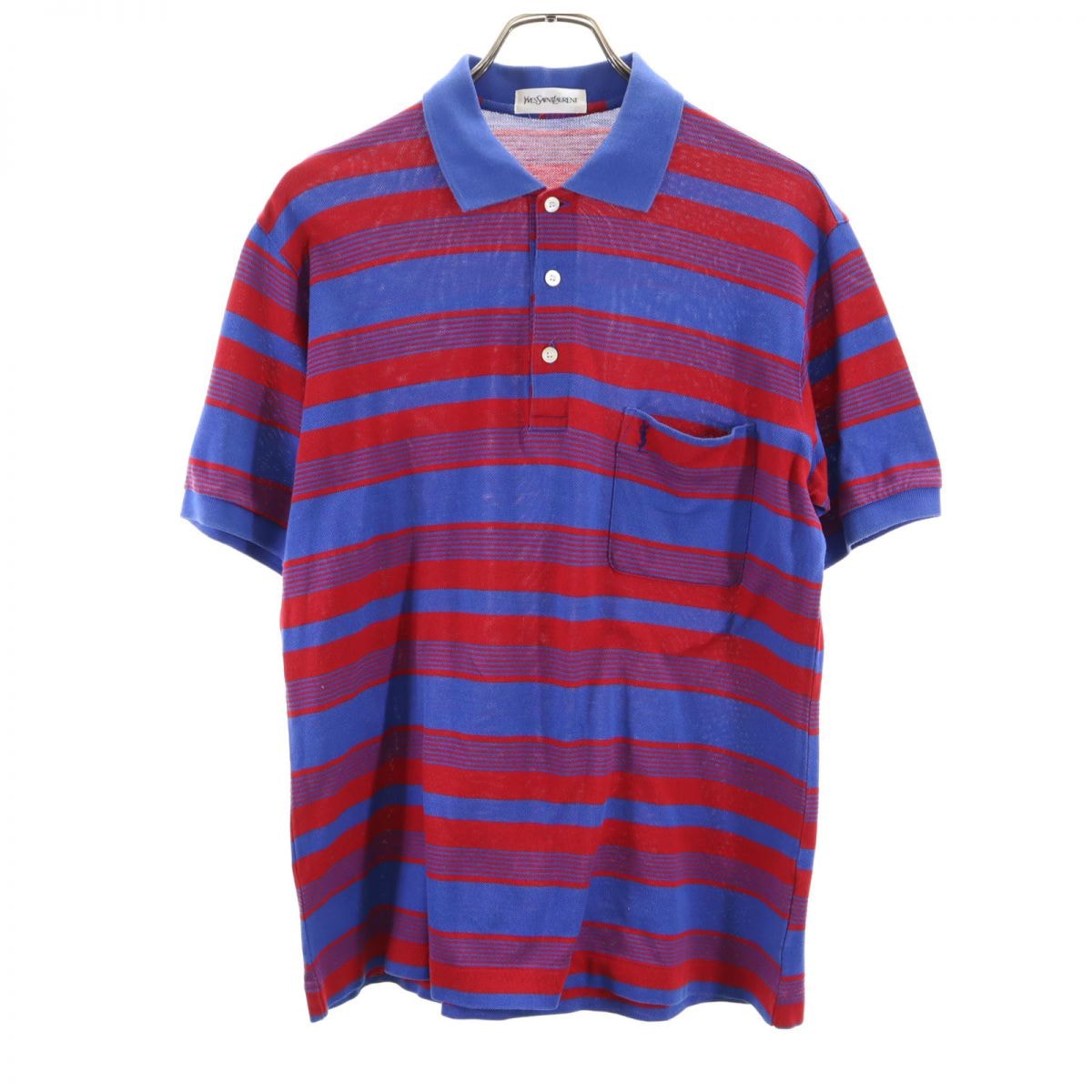 YVES SAINT LAURENT イヴサンローラン 日本製 ボーダー柄 半袖 ポロシャツ LA 赤×ネイビー 鹿の子地