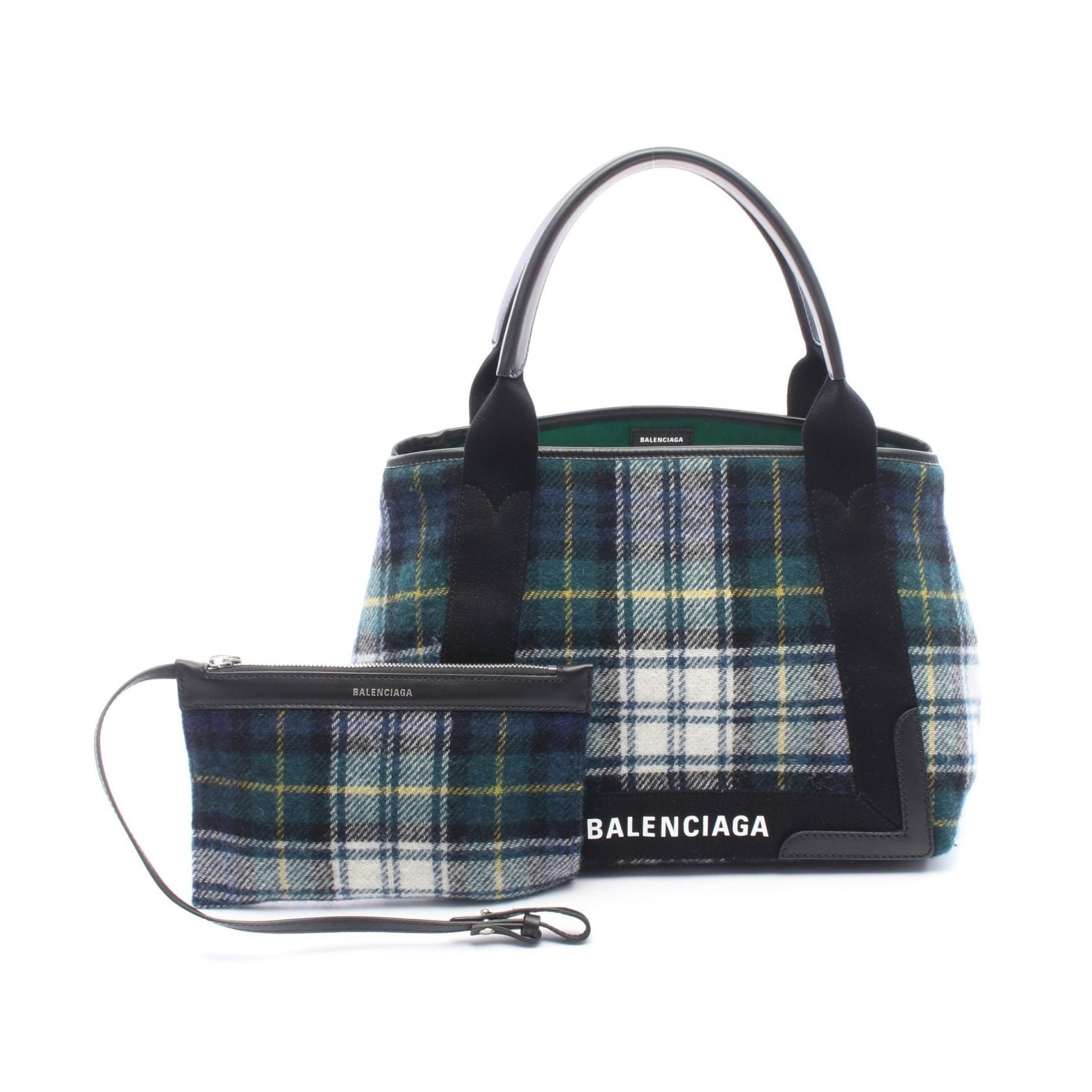 バレンシアガ BALENCIAGA NAVY CABAS S ネイビーカバ チェック トートバッグ バッグ ウール レザー レディース グリーン系 / ブラック系 / マルチカラー 339933 【中古】