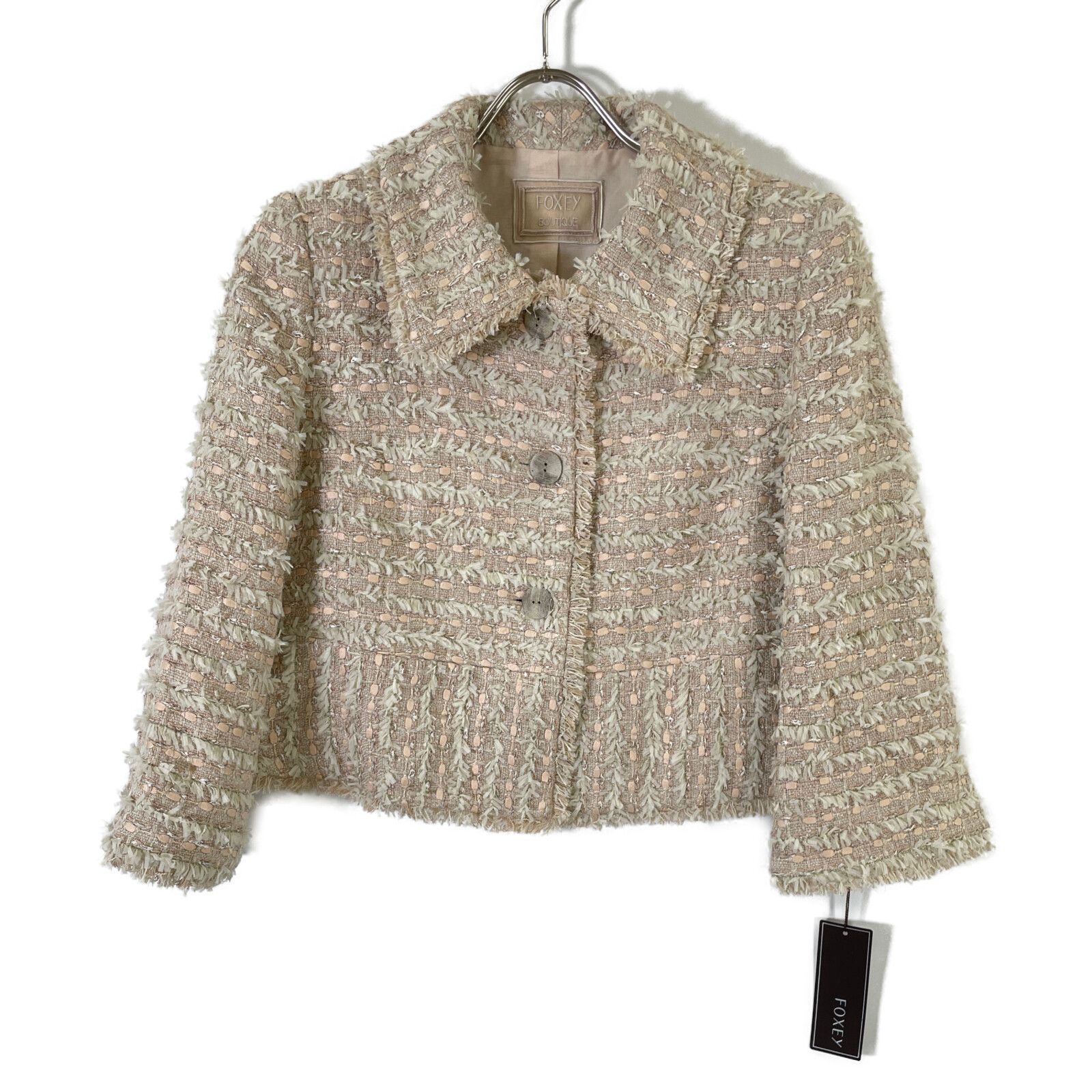 【美品】 フォクシーブティック ツイードジャケット ベージュ 40 ノーカラー 美品 FOXEY フォクシー ツイード ノーカラージャケット サイズ40