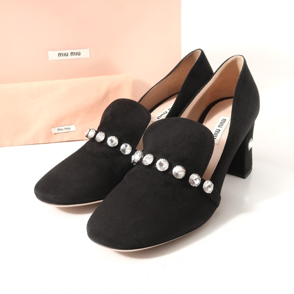 ■美品■MIUMIU ミュウミュウ パンプス サイズ36 1/2 スエード レザー ビジュー装飾 フレアヒール 靴 ブランド古着【中古】20251126/RA6618