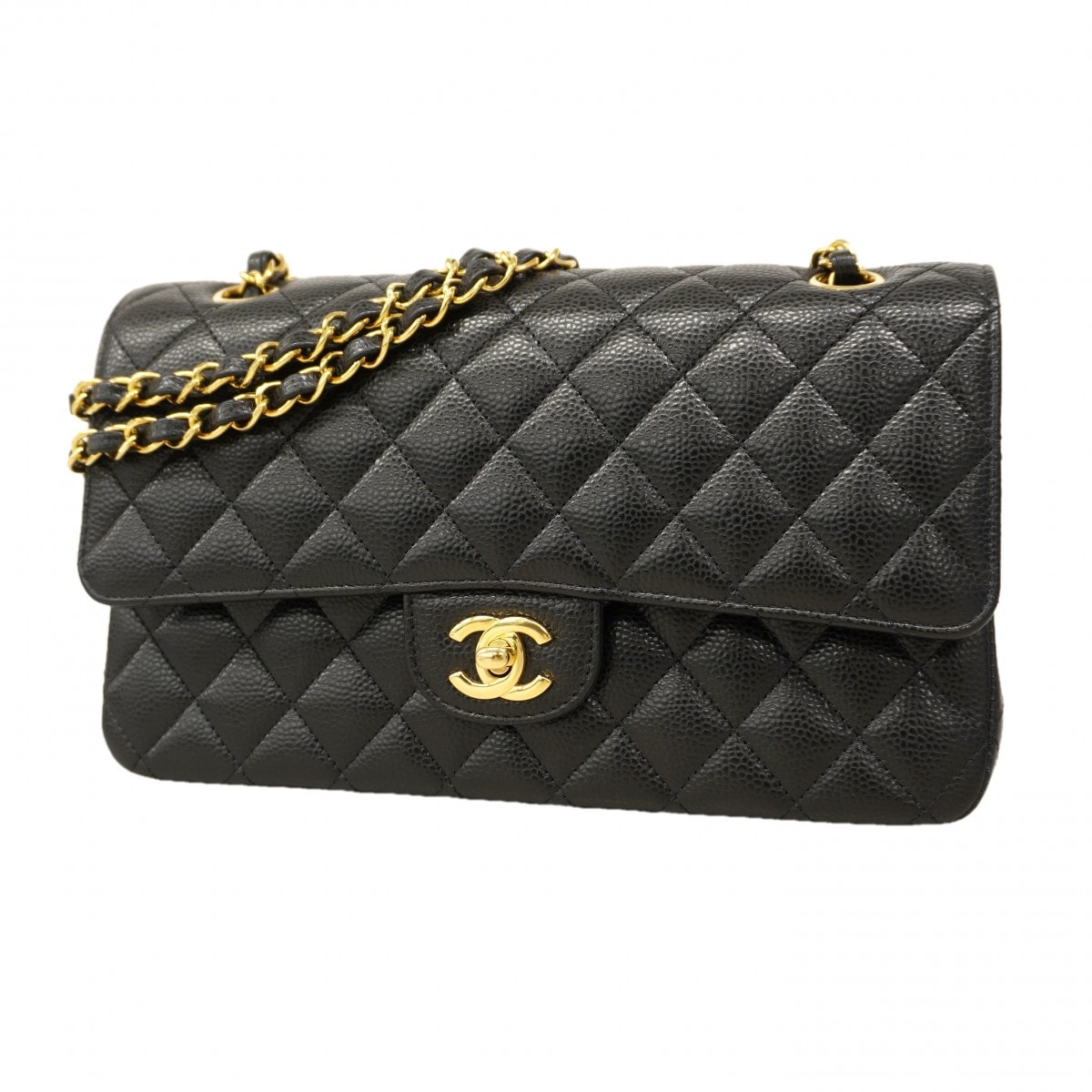 【6ce6463】シャネル ショルダーバッグ マトラッセ Wフラップ Wチェーン キャビアスキン ブラック ゴールド金具【中古】レディース