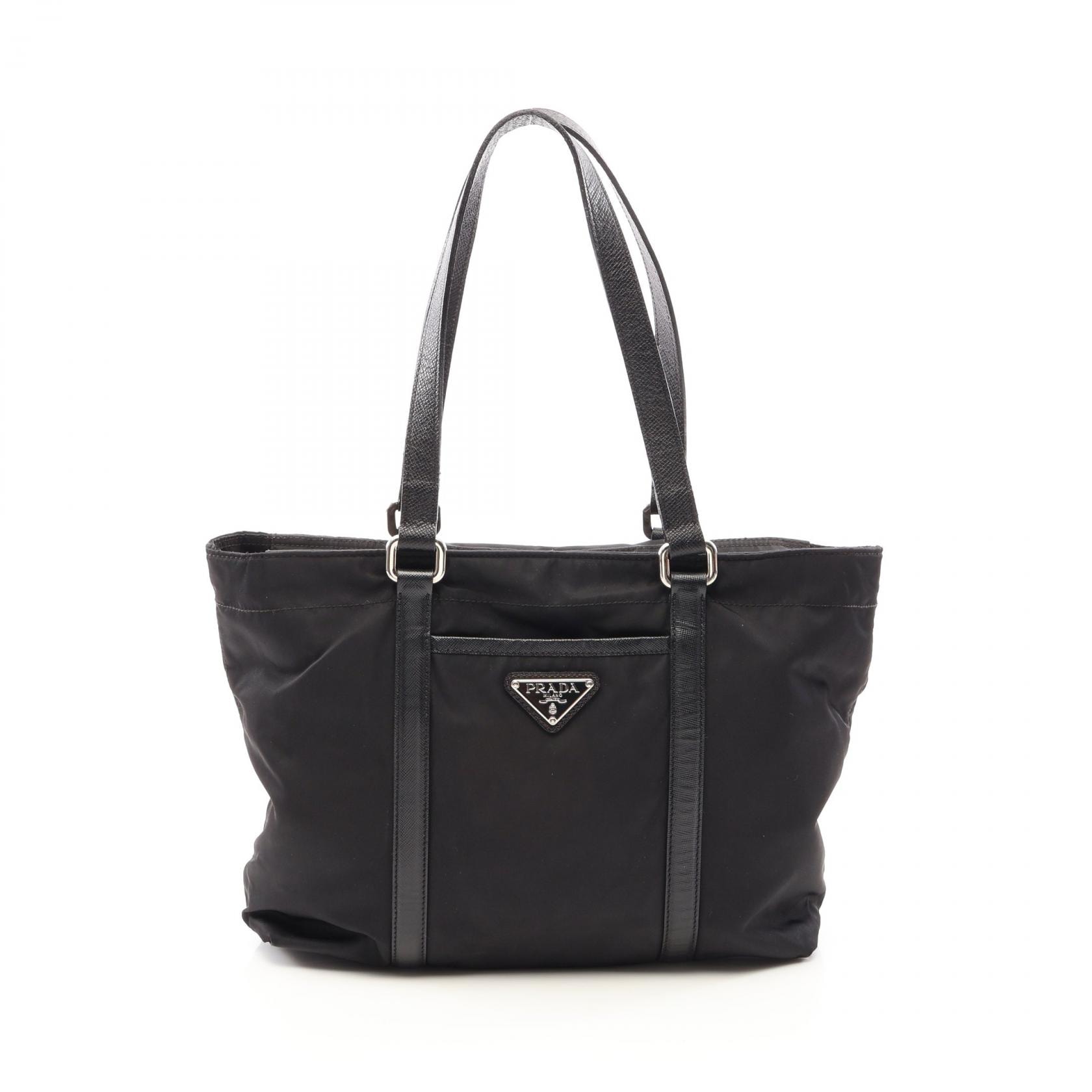 プラダ PRADA 三角プレート トートバッグ バッグ ナイロン レザー レディース ブラック系 【中古】