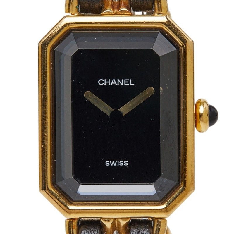 シャネル プルミエール L 腕時計 クオーツ ブラック文字盤 メッキ レザー レディース CHANEL 中古