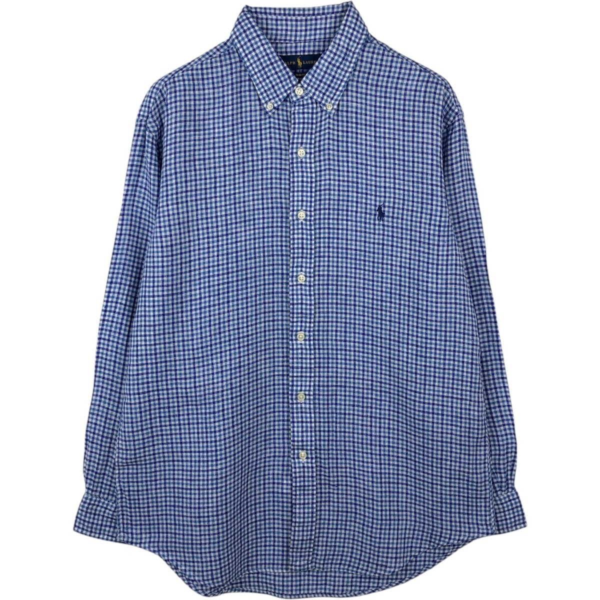 古着 ラルフローレン Ralph Lauren SLIM FIT スリムフィット チェック柄 長袖 リネン ボタンダウンシャツ メンズL相当/eaa569045