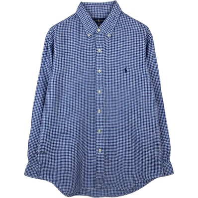 古着 ラルフローレン Ralph Lauren SLIM FIT スリムフィット チェック柄 長袖 リネン ボタンダウンシャツ メンズL相当/eaa569045