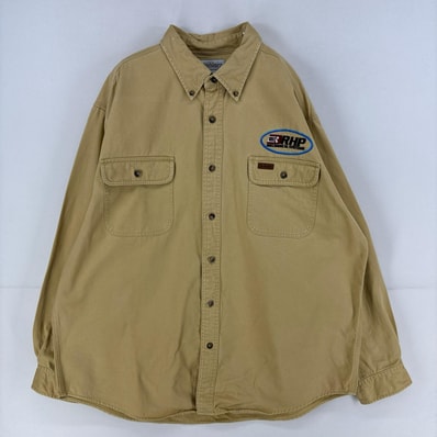 古着 カーハート Carhartt 長袖シャツ 胸ポケット 刺繍 大きいサイズ ボタンダウン ワンポイント XL ベージュ系 メンズ